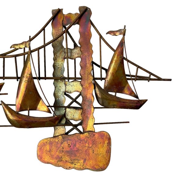 Vintage Mid Century Copper Metal Brutalist Style Wall Hanging Sailboats Bridge - Picture 3 of 16
